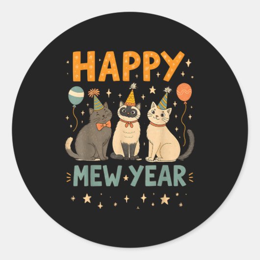 Happy Mew Year Cat Party  Ronde Sticker (Voorkant)