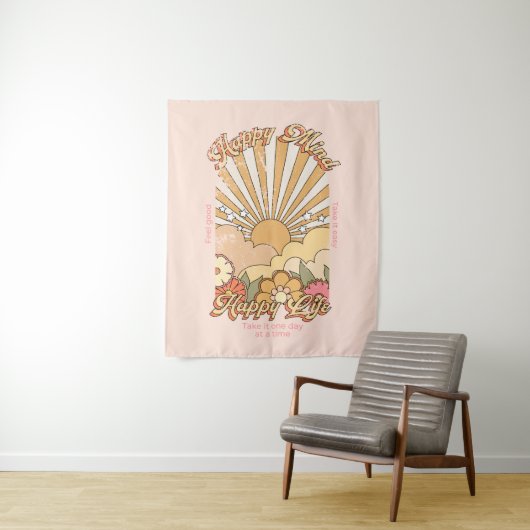 Happy Mind Happy Life Hippy Groovy Vibes Wandkleed (In situ)