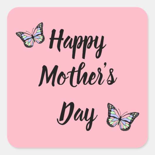 Happy Moederdag Black Script Roze Butterflies Vierkante Sticker (Voorkant)