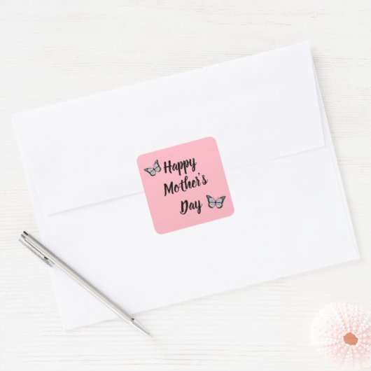 Happy Moederdag Black Script Roze Butterflies Vierkante Sticker (Envelop)