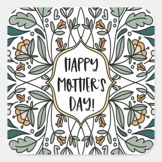 Happy Moederdag Bloemen Illustraties Vierkante Sticker (Voorkant)