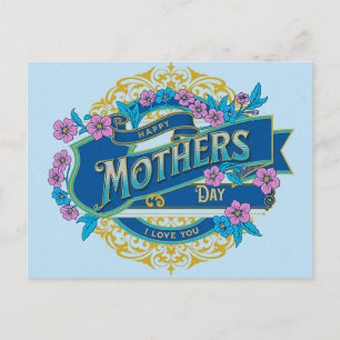  Happy Moederdag Blue Floral Flowers Briefkaart