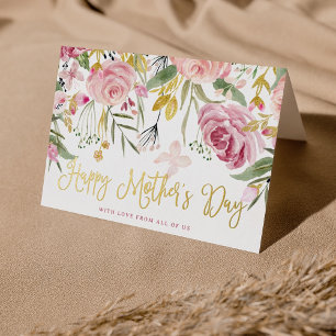 Happy Moederdag   Blush roze bloemen en goud Folie Feestdagenkaart