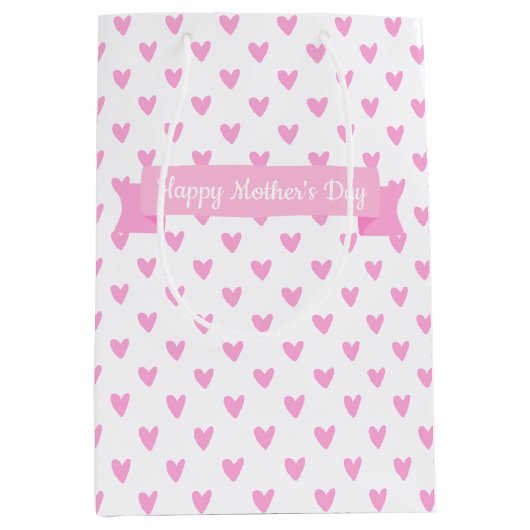 Happy Moederdag | Cute Pink Hearts Pattern Medium Cadeauzakje (Voorkant)