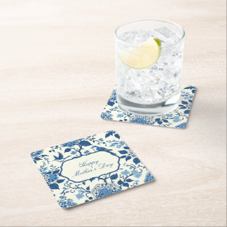 Happy Moederdag Elegant Blauw Chinoiserie Floral Vierkante Kartonnen Onderzetter