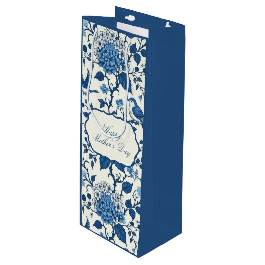 Happy Moederdag Elegant Blauw Chinoiserie Floral Wijn Cadeautas (Voorkant Gekanteld)