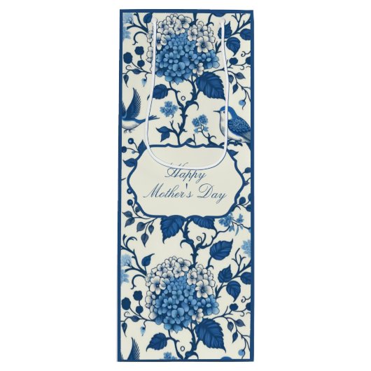Happy Moederdag Elegant Blauw Chinoiserie Floral Wijn Cadeautas (Voorkant)