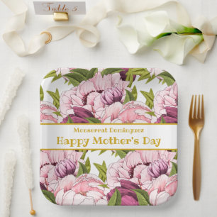 Happy Moederdag Gold Name Pink Peony Floral Papieren Bordje