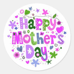 Happy Moederdag Paarse Floral Lettering Ronde Sticker