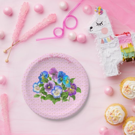 Happy Moederdag Pansy Violet Flowers Waterverf Papieren Bordje (Feest)