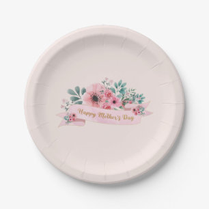 Happy Moederdag Pink Floral Waterverf Papieren Bordje