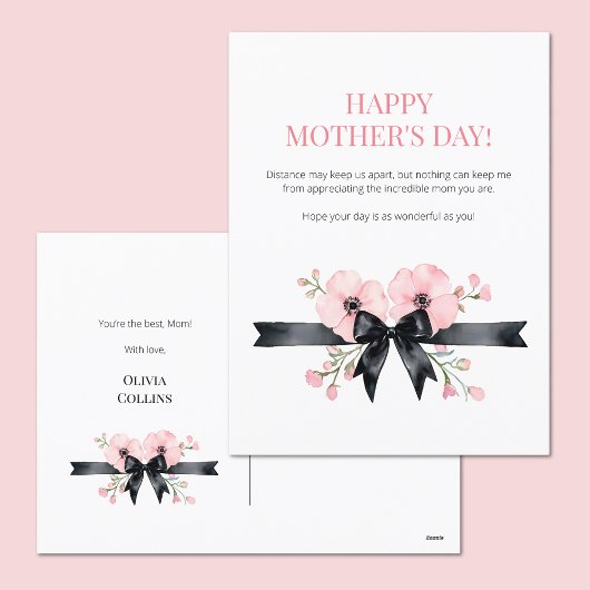 Happy Moederdag Roze Bloemen Zwart Bow Beste Mama Feestdagenkaart