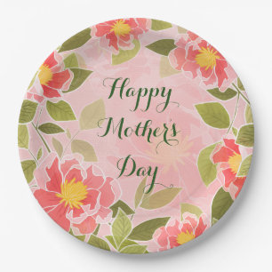 Happy Moederdag, roze floral design, Papieren Bordje