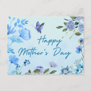 Happy Moederdag Waterverf Blauwe Bloemen Feestdagenkaart