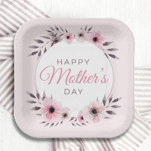 Happy Moederdag Waterverf Roze Floral Flowers Papieren Bordje