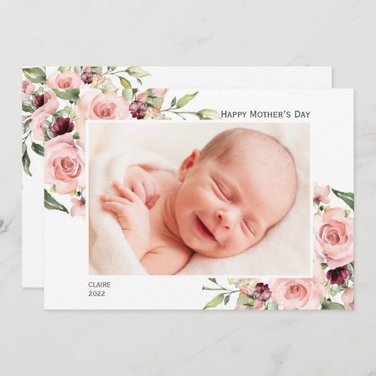 Happy Moeders Day Photo Card met roze rozen Feestdagenkaart (Voorkant / Achterkant)