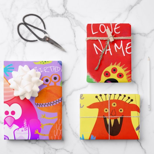 HAPPY MONSTER CUSTOM TEKST GIFT WRAP FLAT SHEEFT INPAKPAPIER VEL (Voorkant)