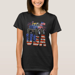 Happy Monster Vrachtwagen Amerikaanse Vlag Retro T-shirt