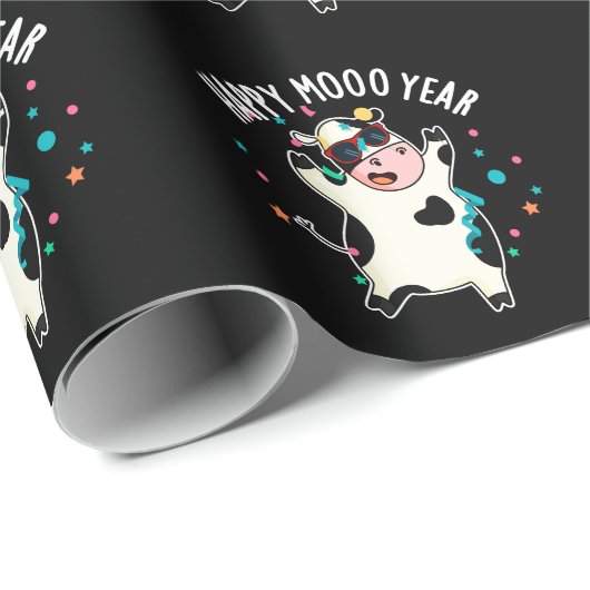 Happy Moo Year Funny Koe Pun Dark BG Cadeaupapier (Rol Hoek)