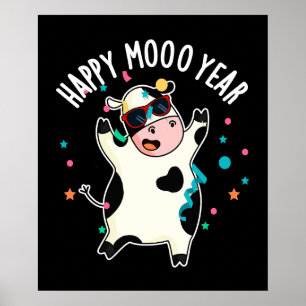 Happy Moo Year Funny Koe Pun Dark BG Poster