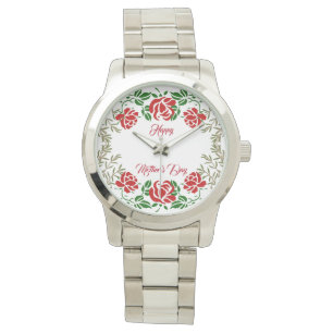 Happy Mothers Day Red Roses Floral Greenery Cute Horloge