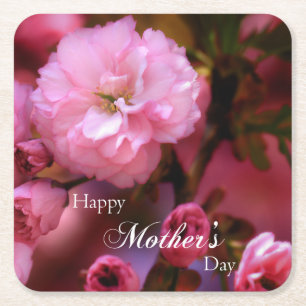 Happy Mothers Day Spring Pink Cherry Blossom Vierkante Kartonnen Onderzetter