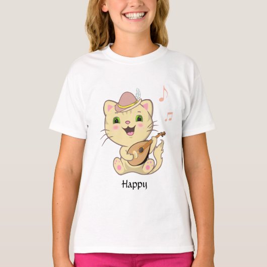 Happy Musical Ginger Tabby Kitty Cat T-shirt (Voorkant)