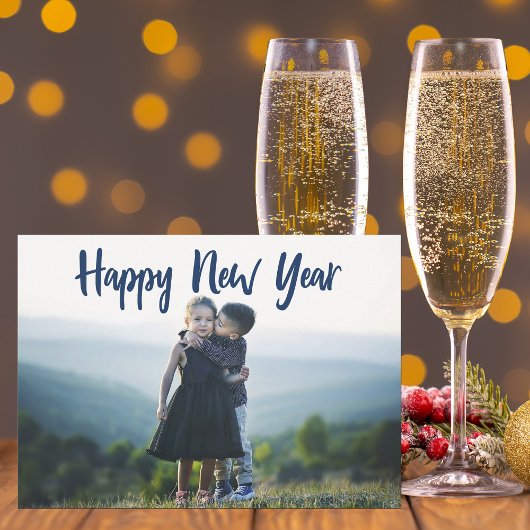 Happy New Yaren Modern Blue Typografie Foto Feestdagenkaart
