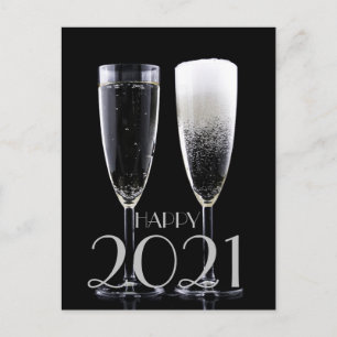 Happy New Year 2021 Black White Champagne Flute Feestdagenkaart