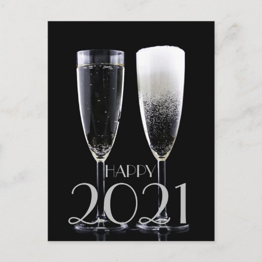 Happy New Year 2021 Black White Champagne Flute Feestdagenkaart (Voorkant)