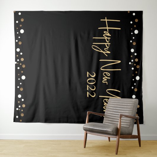 Happy New Year 2022 Script Black Gold Confetti Wandkleed (In Situ (horizontaal))