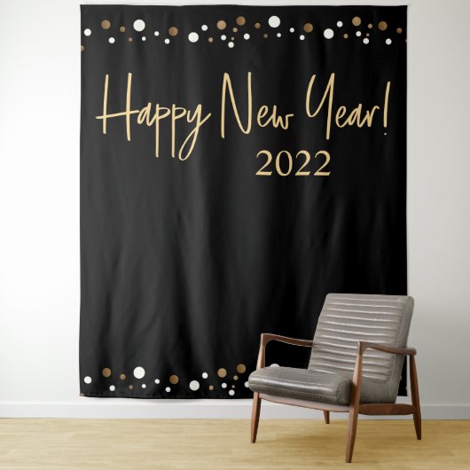 Happy New Year 2022 Script Black Gold Confetti Wandkleed (In situ)