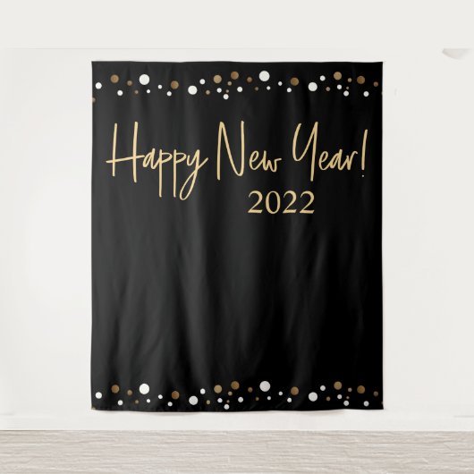Happy New Year 2022 Script Black Gold Confetti Wandkleed (Voorkant)