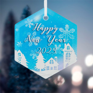 Happy New Year 2023 Blue White House Snow Glas Ornament