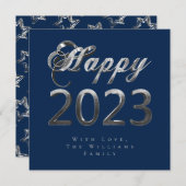 Happy New Year 2023 Chic Blue Silver Grey Script Feestdagenkaart (Voorkant / Achterkant)