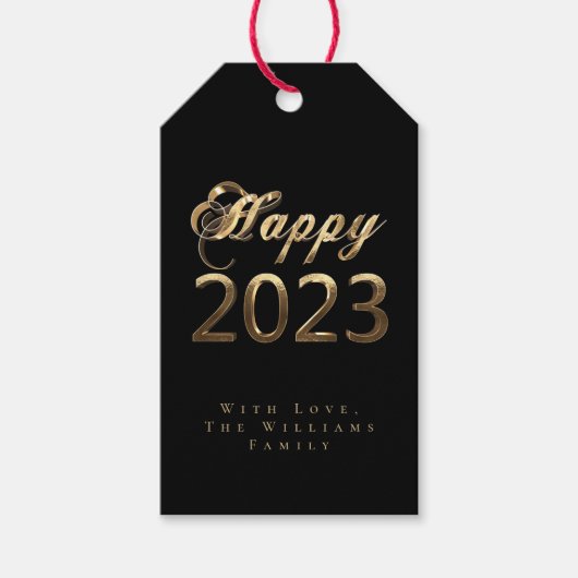 Happy New Year 2023 Chic Script Black en Gold Cadeaulabel (Voorkant)