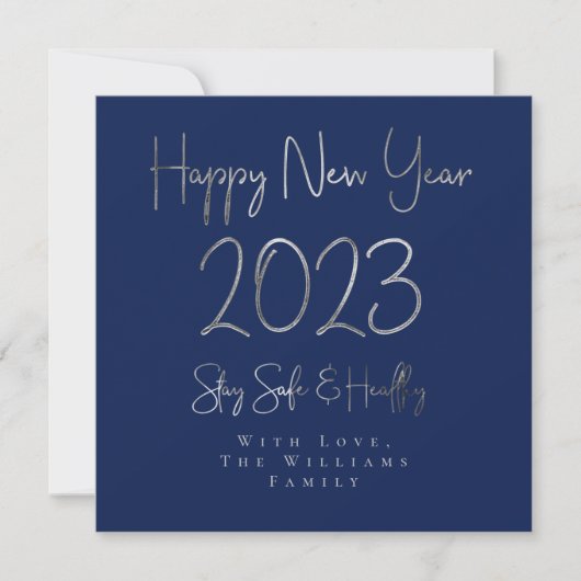 Happy New Year 2023 Elegant Silver Script Blue Feestdagenkaart (Voorkant)