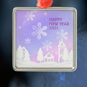 Happy New Year 2023 Paars White Snow House Metalen Ornament