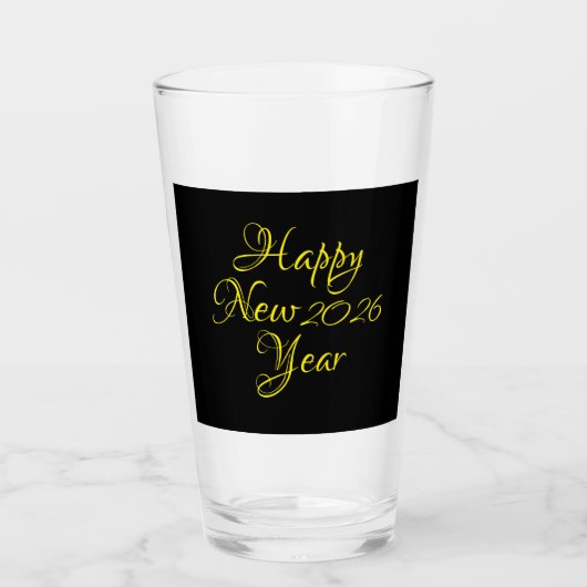 Happy New Year 2026 Black and Yellow Script  Glas (Voorkant)