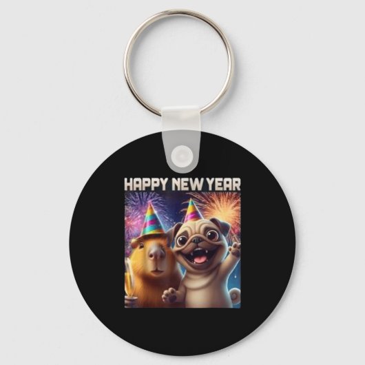 Happy New Year 2026 Capybara Pug Party Art  Sleutelhanger (Voorkant)
