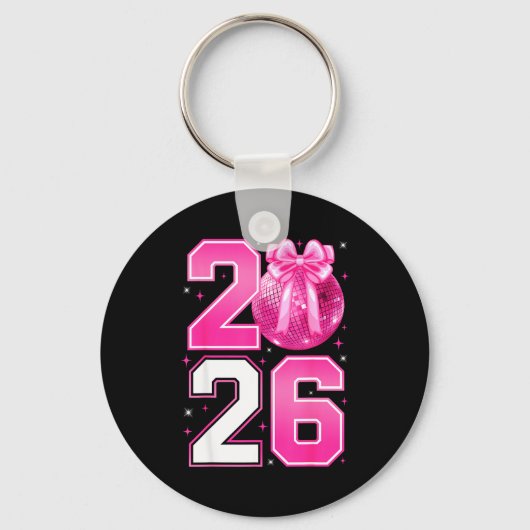Happy New Year 2026 Coquette Bow & Disco Ball Sleutelhanger (Voorkant)
