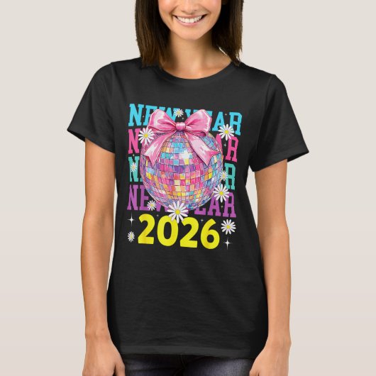 Happy New Year 2026 Coquette Bow & Disco Ball T-shirt (Voorkant)
