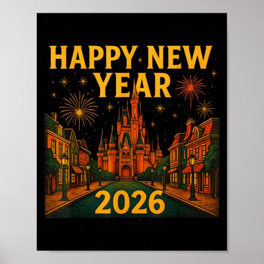 Happy New Year 2026 Fantasy Castle Fireworks Night Poster (Voorkant)