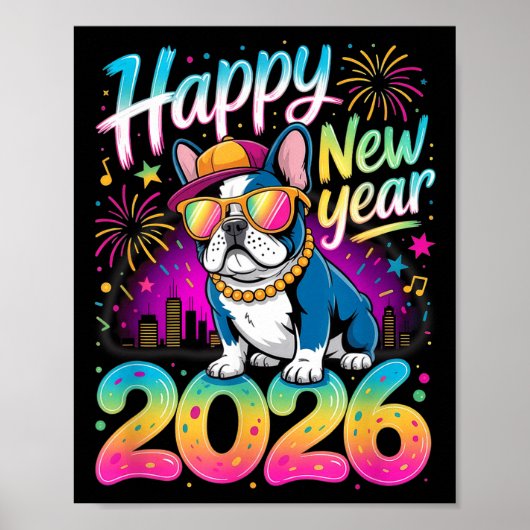 Happy New Year 2026 French Bulldog Fireworks Party Poster (Voorkant)
