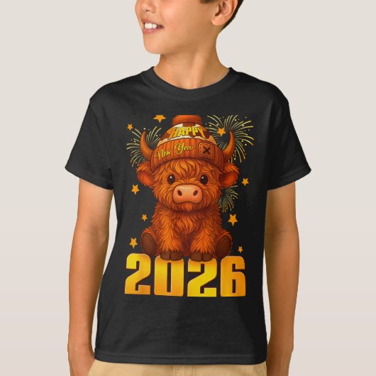 Happy New Year 2026 Highland Cow & Party Hat N T-shirt (Voorkant)