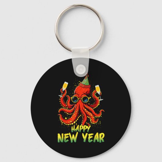 Happy New Year 2026 Octopus Drinking Champagne New Sleutelhanger (Voorkant)