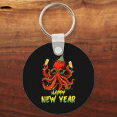 Happy New Year 2026 Octopus Drinking Champagne New Sleutelhanger (Voorkant)