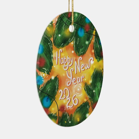 Happy New Year 2026 Pine Branches & Lights Keramisch Ornament (Rechts)