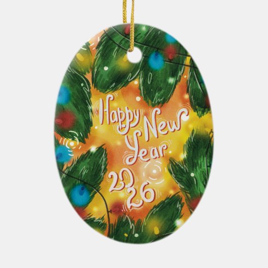Happy New Year 2026 Pine Branches & Lights Keramisch Ornament (Achterkant)