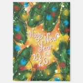 Happy New Year 2026 Pine Branches & Lights Magneet (Voorkant)